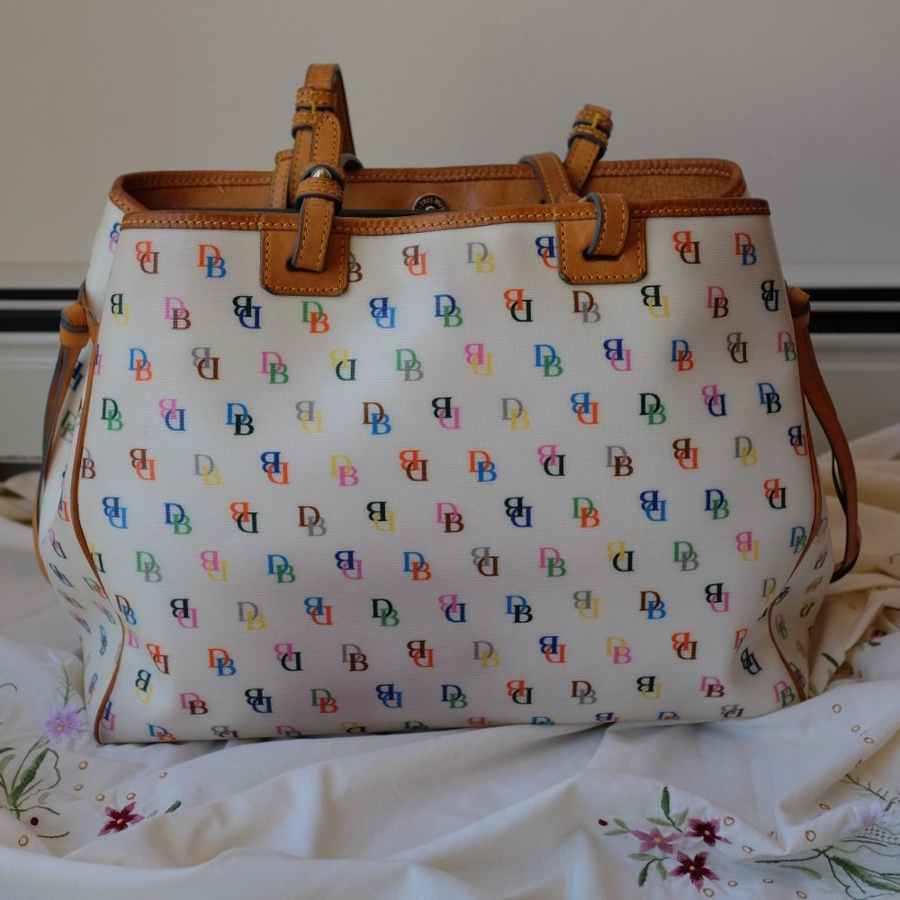 Dooney and Bourke Large White Rainbow Monogram Tote